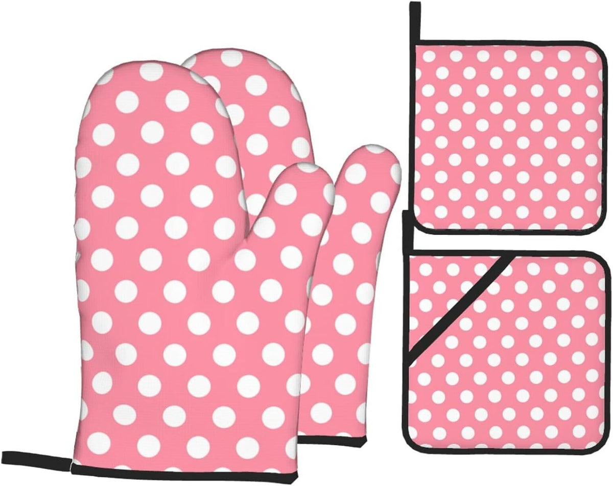 Light Pink Polka Dot Print (a) Oven Mitts and Pot Holders 4 pcs Set, Heat Resistant Silicone Oven Mitts Pot Holders for Kitchen Baking Cooking, Non-Slip Hot Pads Potholders Gloves
