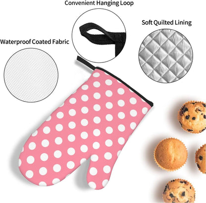 Light Pink Polka Dot Print (a) Oven Mitts and Pot Holders 4 pcs Set, Heat Resistant Silicone Oven Mitts Pot Holders for Kitchen Baking Cooking, Non-Slip Hot Pads Potholders Gloves