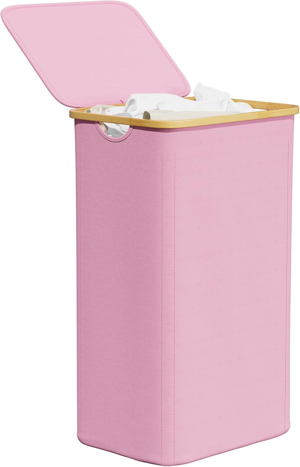 Laundry Hamper with Lid, 110L Large Tall Clothes Basket Bin with Bamboo Handles, Collapsible Laundry Hamper for Bedroom, Bathroom, Dorm, Laundry Room - Pink