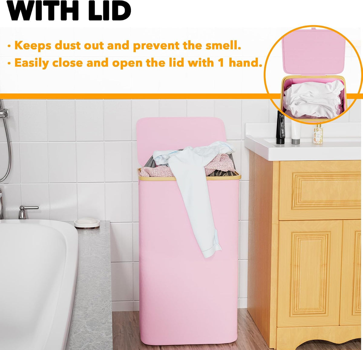 Laundry Hamper with Lid, 110L Large Tall Clothes Basket Bin with Bamboo Handles, Collapsible Laundry Hamper for Bedroom, Bathroom, Dorm, Laundry Room - Pink