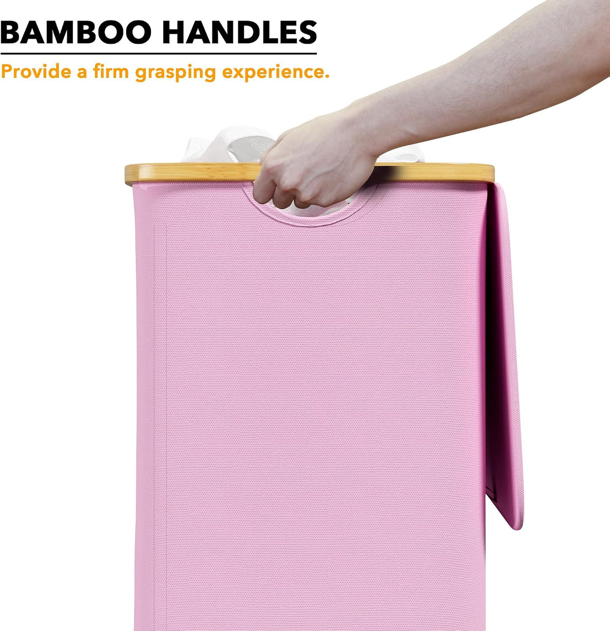 Laundry Hamper with Lid, 110L Large Tall Clothes Basket Bin with Bamboo Handles, Collapsible Laundry Hamper for Bedroom, Bathroom, Dorm, Laundry Room - Pink