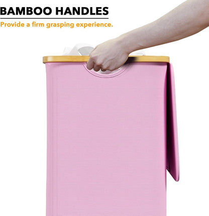 Laundry Hamper with Lid, 110L Large Tall Clothes Basket Bin with Bamboo Handles, Collapsible Laundry Hamper for Bedroom, Bathroom, Dorm, Laundry Room - Pink