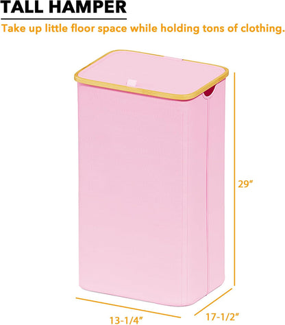 Laundry Hamper with Lid, 110L Large Tall Clothes Basket Bin with Bamboo Handles, Collapsible Laundry Hamper for Bedroom, Bathroom, Dorm, Laundry Room - Pink