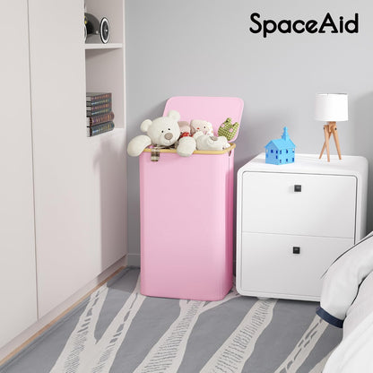 Laundry Hamper with Lid, 110L Large Tall Clothes Basket Bin with Bamboo Handles, Collapsible Laundry Hamper for Bedroom, Bathroom, Dorm, Laundry Room - Pink