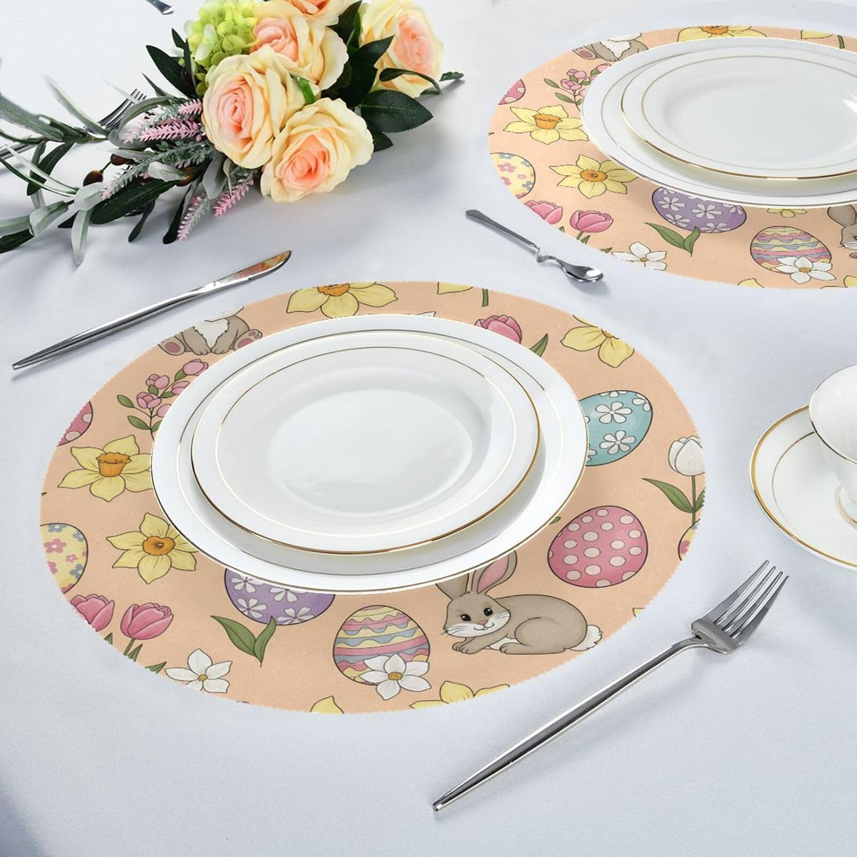 Easter Eggs Pattern Peach Place Mats Set of 6, 15 Inch Round Placemats Washable Non-Slip Table Mats for Kitchen Dining