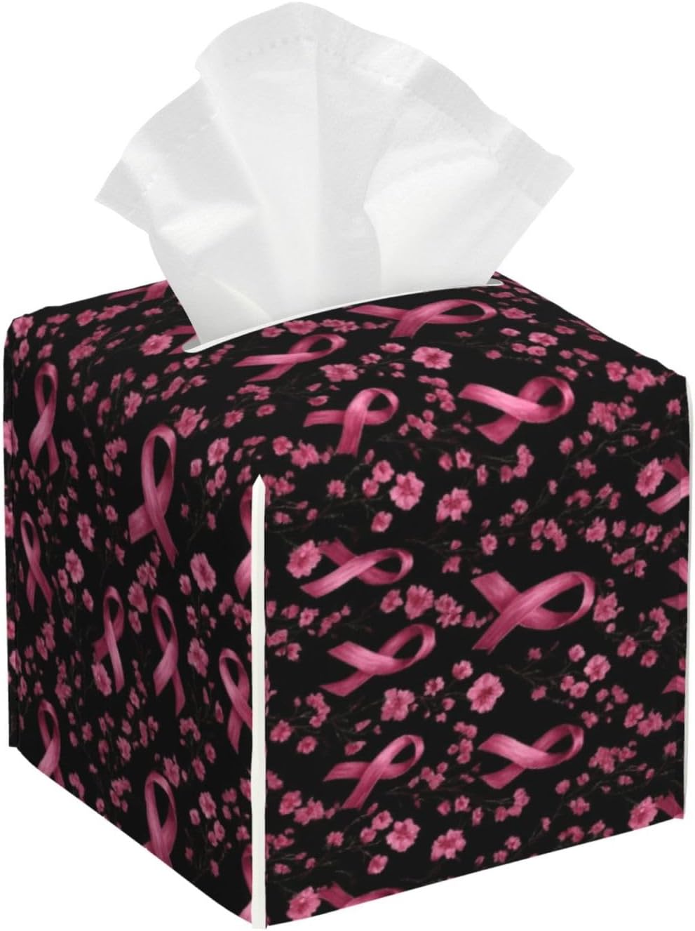 Pink Ribbon Flowers A Print Tissue Box Cover Holder Square, Foldable Modern Cube Tissue Box Cover, Leather Decorative Organizer for Tabletop Bathroom Car Office Desk Decor