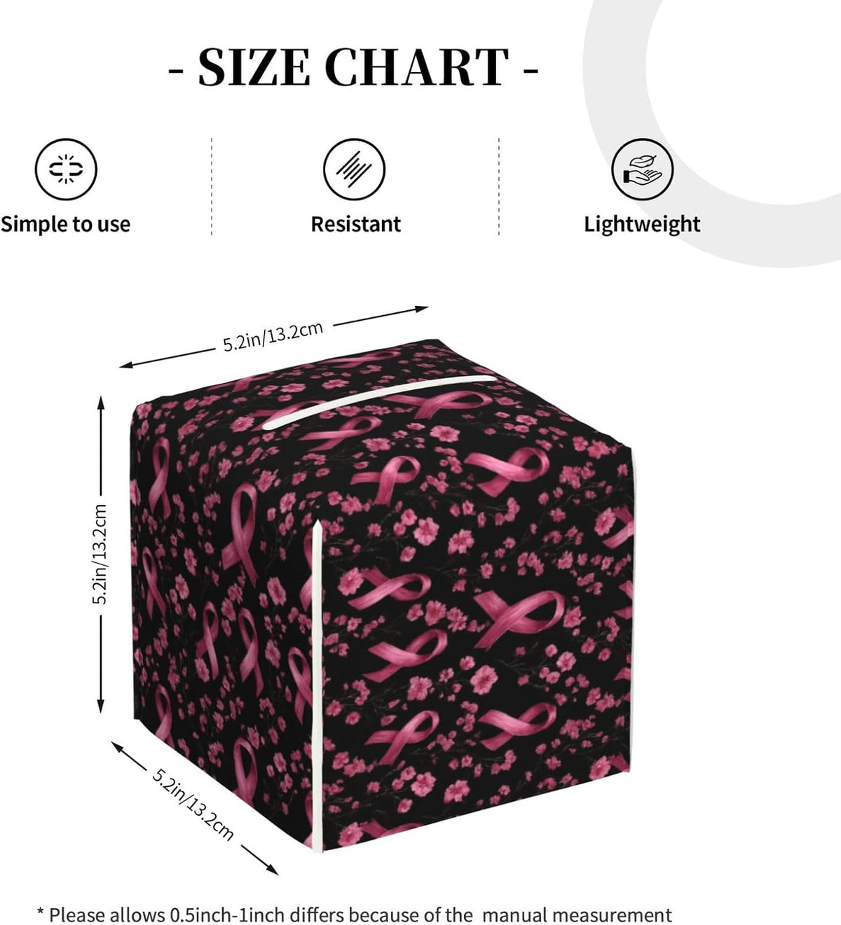 Pink Ribbon Flowers A Print Tissue Box Cover Holder Square, Foldable Modern Cube Tissue Box Cover, Leather Decorative Organizer for Tabletop Bathroom Car Office Desk Decor