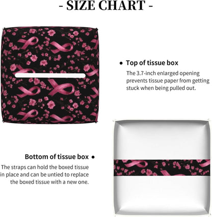 Pink Ribbon Flowers A Print Tissue Box Cover Holder Square, Foldable Modern Cube Tissue Box Cover, Leather Decorative Organizer for Tabletop Bathroom Car Office Desk Decor
