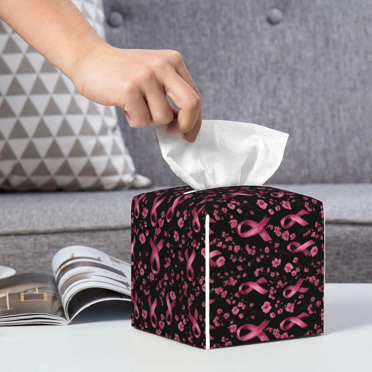 Pink Ribbon Flowers A Print Tissue Box Cover Holder Square, Foldable Modern Cube Tissue Box Cover, Leather Decorative Organizer for Tabletop Bathroom Car Office Desk Decor