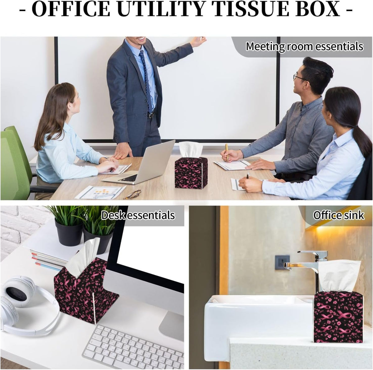 Pink Ribbon Flowers A Print Tissue Box Cover Holder Square, Foldable Modern Cube Tissue Box Cover, Leather Decorative Organizer for Tabletop Bathroom Car Office Desk Decor