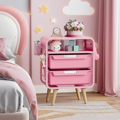 Pink Nightstand, Cute End Table with Storage Drawer