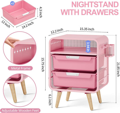 Pink Nightstand, Cute End Table with Storage Drawer