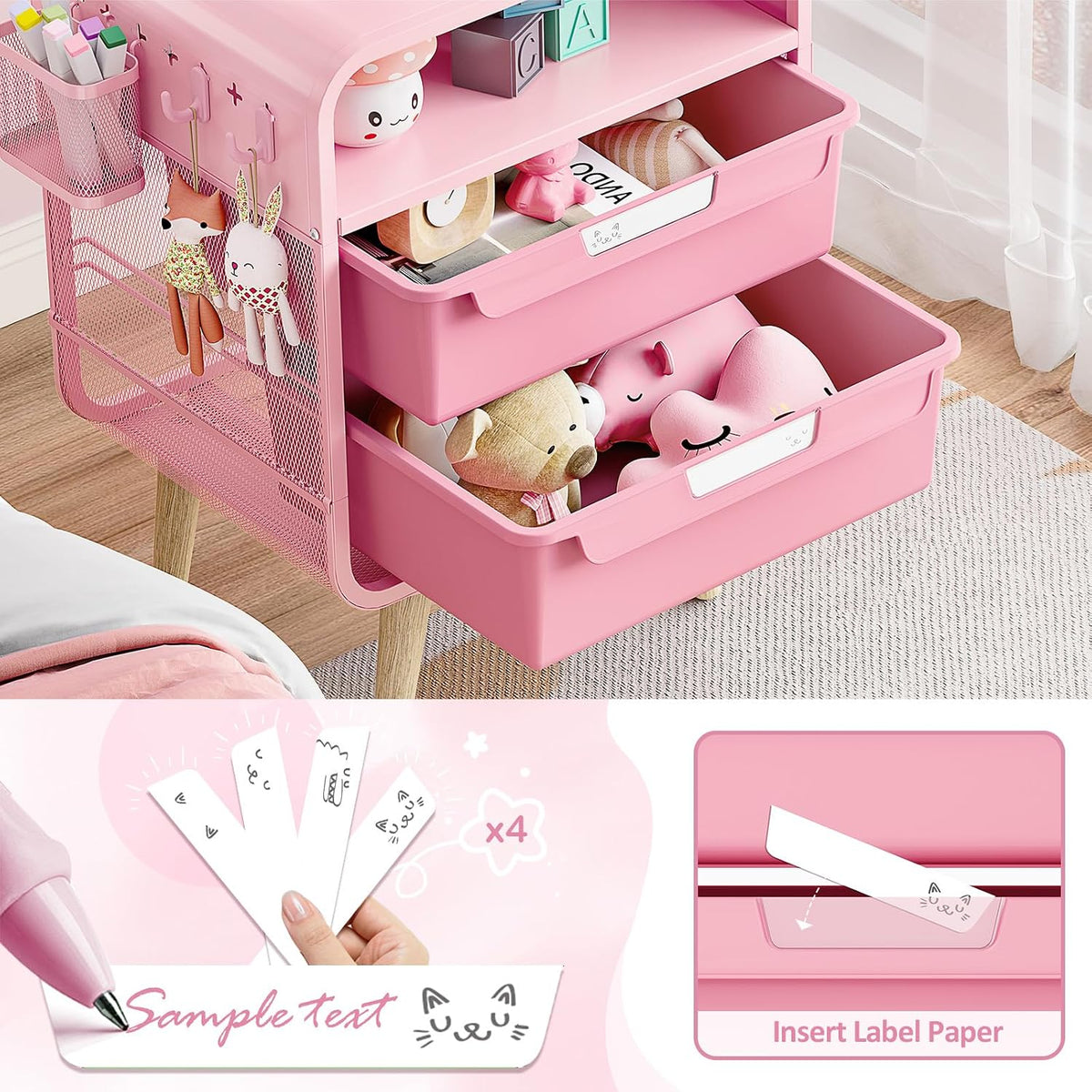 Pink Nightstand, Cute End Table with Storage Drawer
