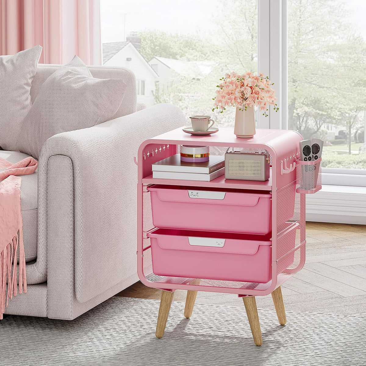 Pink Nightstand, Cute End Table with Storage Drawer