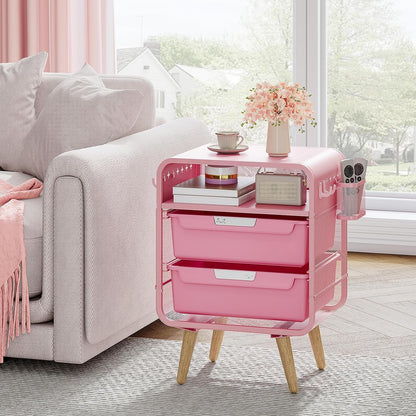 Pink Nightstand, Cute End Table with Storage Drawer