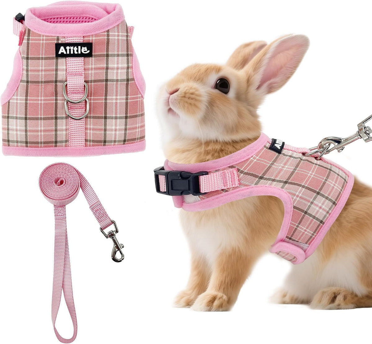 AIITLE Plaid Breathable Rabbit Harness and Leash Set Escape Proof, Pink M