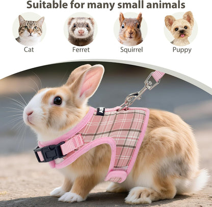 AIITLE Plaid Breathable Rabbit Harness and Leash Set Escape Proof, Pink M