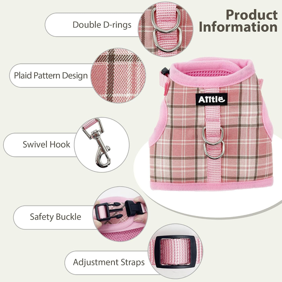 AIITLE Plaid Breathable Rabbit Harness and Leash Set Escape Proof, Pink M