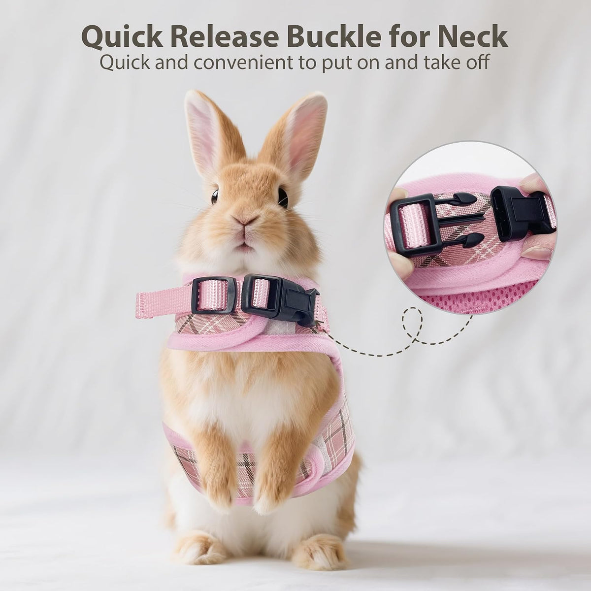 AIITLE Plaid Breathable Rabbit Harness and Leash Set Escape Proof, Pink M