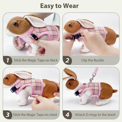 AIITLE Plaid Breathable Rabbit Harness and Leash Set Escape Proof, Pink M