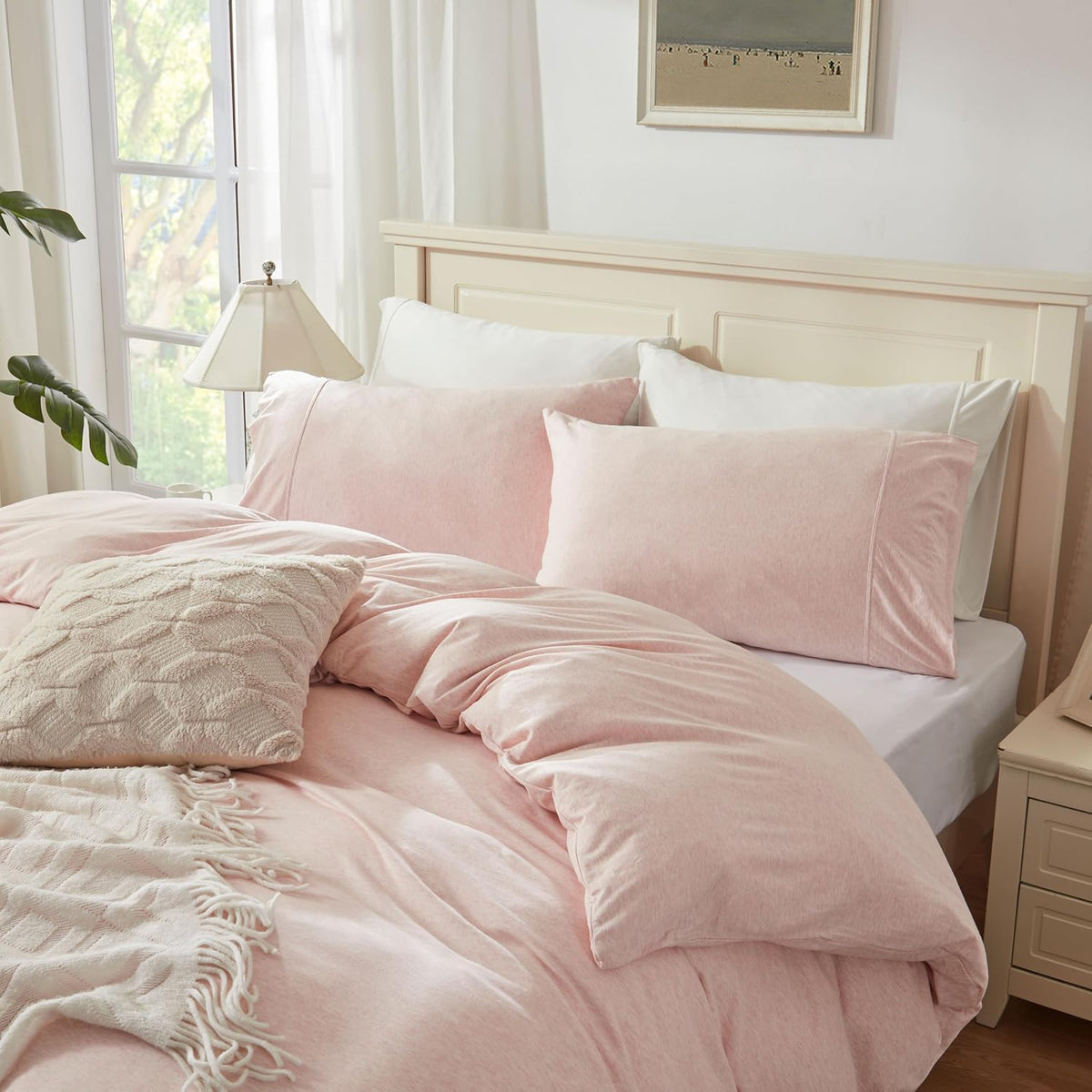 100% Jersey Knit Cotton King Size Pillowcases Set of 2, Super Soft Breathable Pillow Cases for Sleeping, Envelope Closure, Stretchy T-Shirt Fabric (Heathered Pink, King Size Pillowcase)