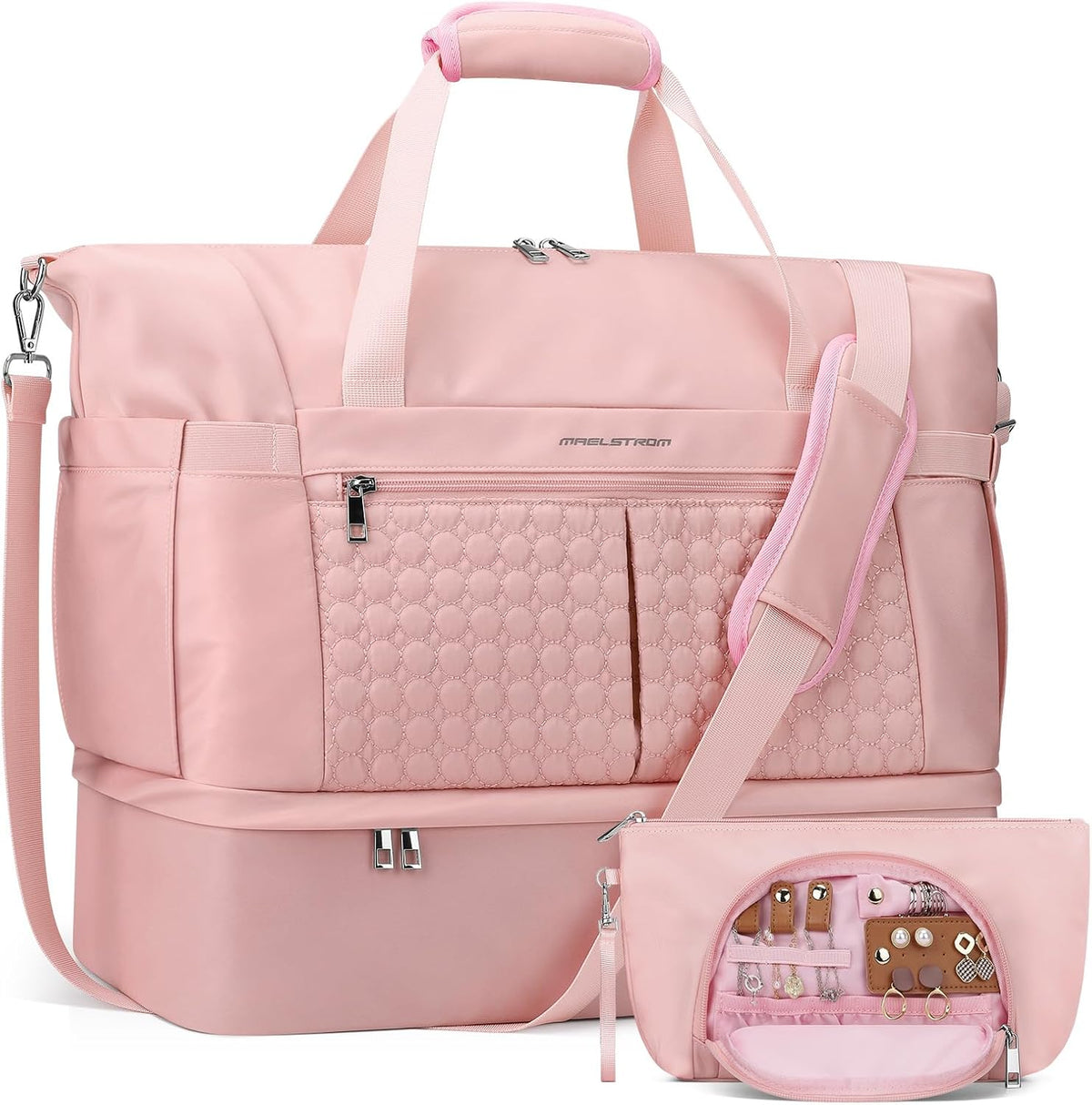 Gym Bag for Women,40L Travel Duffel Bag with Shoes Compartment and Wet Pocket,Waterproof Carry On Weekender Bag,Sport Gym Tote Bags Swimming Yoga, Hospital Holdalls（Pink)
