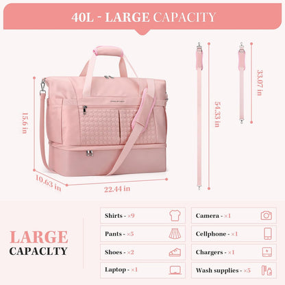Gym Bag for Women,40L Travel Duffel Bag with Shoes Compartment and Wet Pocket,Waterproof Carry On Weekender Bag,Sport Gym Tote Bags Swimming Yoga, Hospital Holdalls（Pink)
