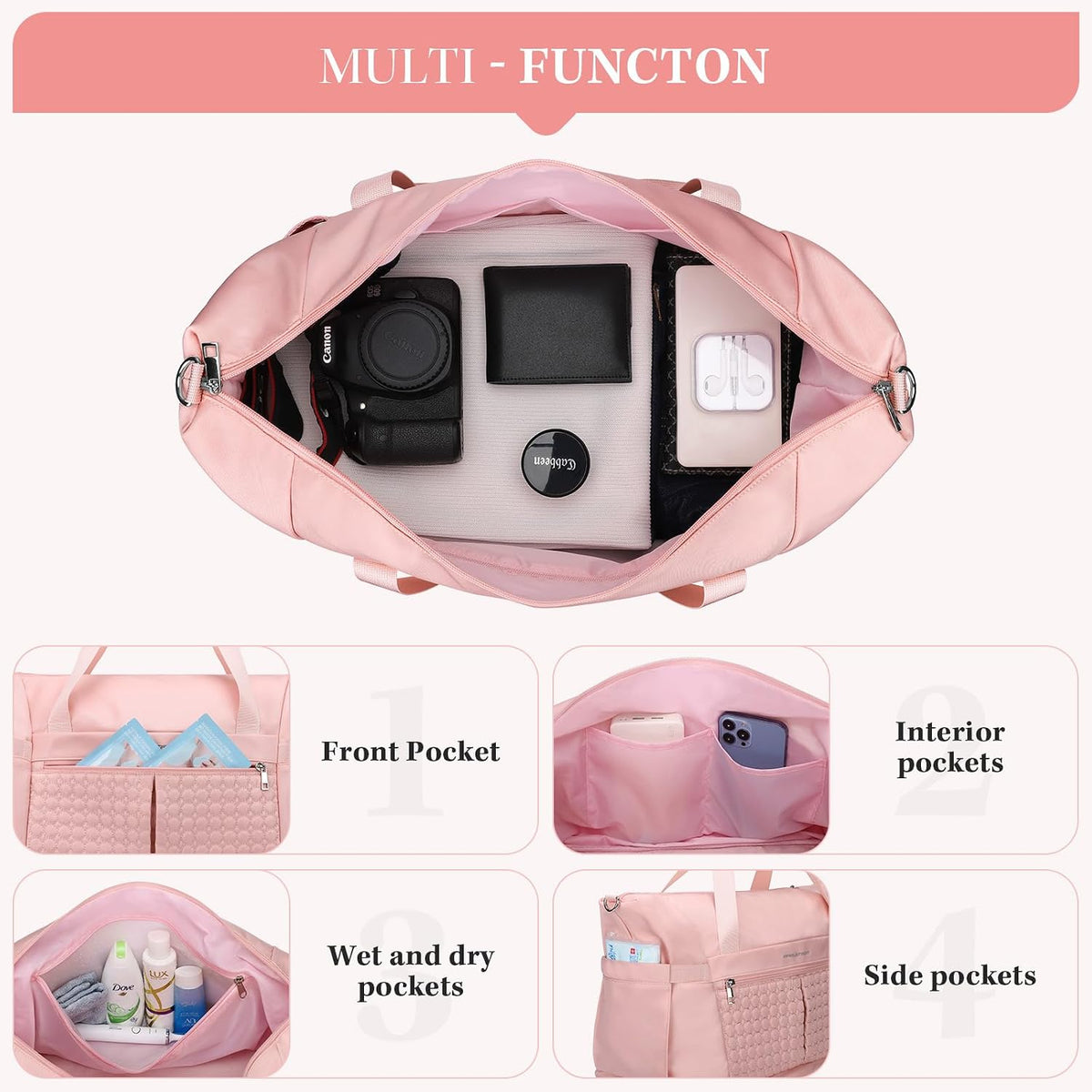 Gym Bag for Women,40L Travel Duffel Bag with Shoes Compartment and Wet Pocket,Waterproof Carry On Weekender Bag,Sport Gym Tote Bags Swimming Yoga, Hospital Holdalls（Pink)