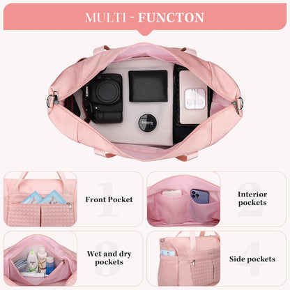 Gym Bag for Women,40L Travel Duffel Bag with Shoes Compartment and Wet Pocket,Waterproof Carry On Weekender Bag,Sport Gym Tote Bags Swimming Yoga, Hospital Holdalls（Pink)