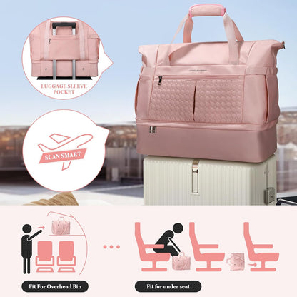 Gym Bag for Women,40L Travel Duffel Bag with Shoes Compartment and Wet Pocket,Waterproof Carry On Weekender Bag,Sport Gym Tote Bags Swimming Yoga, Hospital Holdalls（Pink)