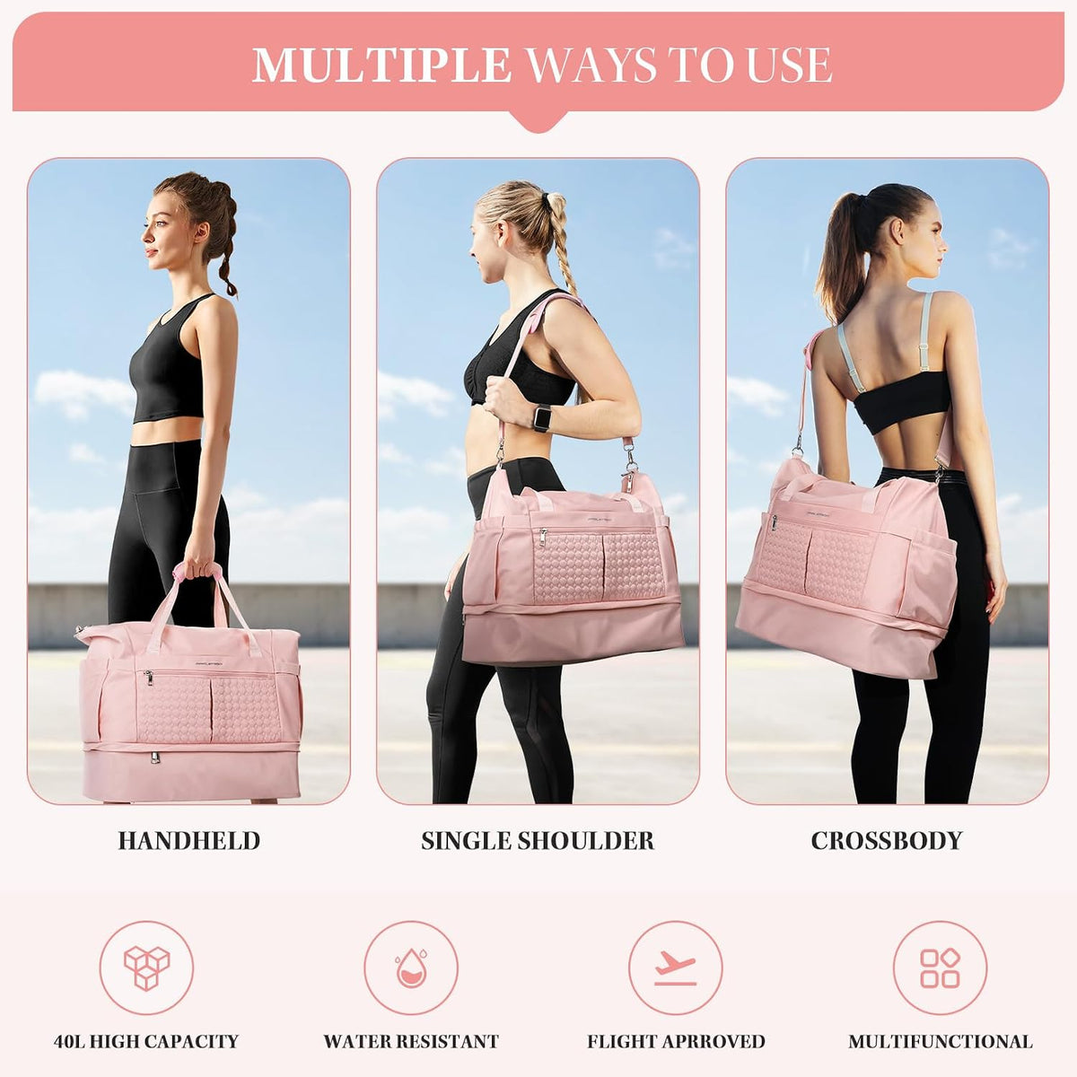Gym Bag for Women,40L Travel Duffel Bag with Shoes Compartment and Wet Pocket,Waterproof Carry On Weekender Bag,Sport Gym Tote Bags Swimming Yoga, Hospital Holdalls（Pink)