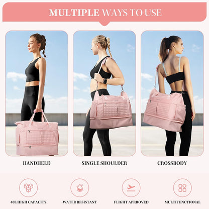 Gym Bag for Women,40L Travel Duffel Bag with Shoes Compartment and Wet Pocket,Waterproof Carry On Weekender Bag,Sport Gym Tote Bags Swimming Yoga, Hospital Holdalls（Pink)