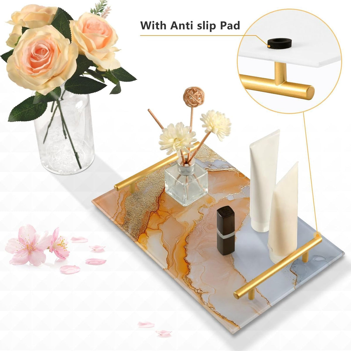 Marble White Peach Decorative Trays with Handles with Handles Trays for Eating On for Jewelry Perfume for Restaurant Serving charolas para comida