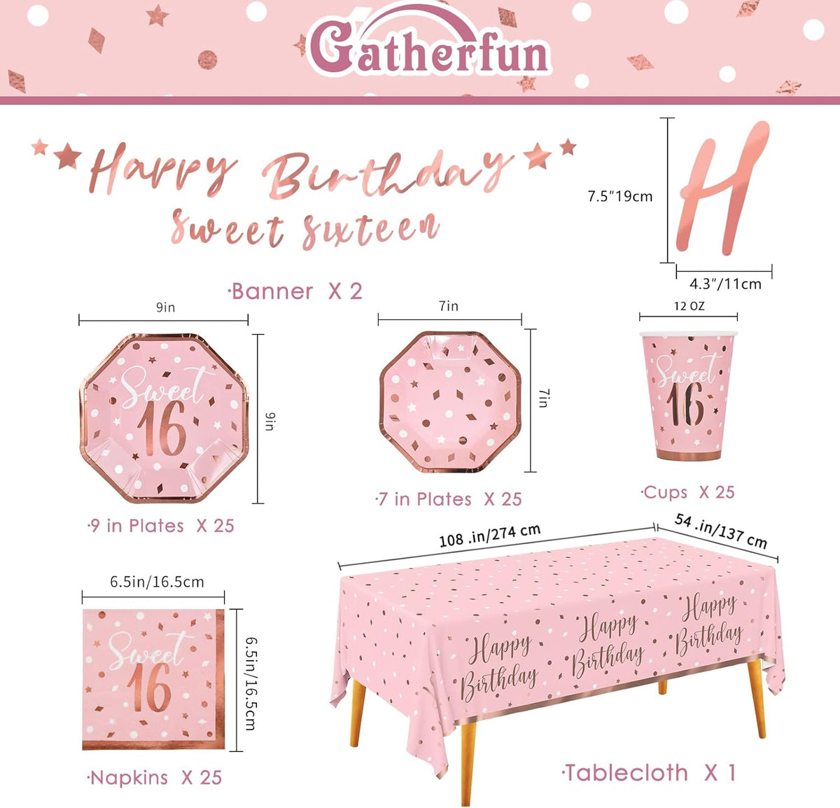 Rose Gold & Pink Sweet 16 Birthday Bundle: Party Supplies Set with paper Plates, Napkins, Cups, Tablecloth & Banner - Sweet Sixteen Decorations, Party Favors ，Serves 25