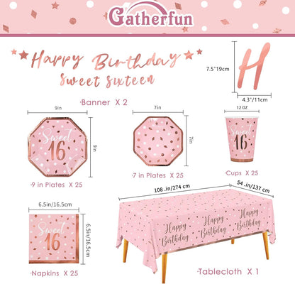 Rose Gold & Pink Sweet 16 Birthday Bundle: Party Supplies Set with paper Plates, Napkins, Cups, Tablecloth & Banner - Sweet Sixteen Decorations, Party Favors ，Serves 25