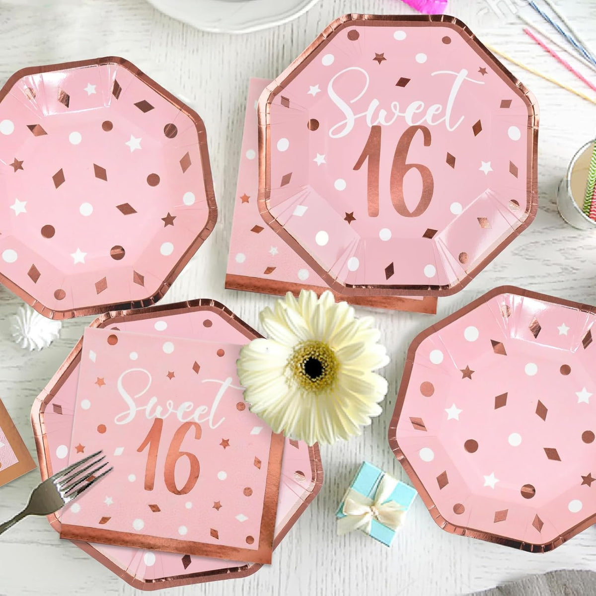 Rose Gold & Pink Sweet 16 Birthday Bundle: Party Supplies Set with paper Plates, Napkins, Cups, Tablecloth & Banner - Sweet Sixteen Decorations, Party Favors ，Serves 25