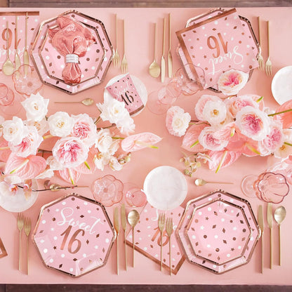 Rose Gold & Pink Sweet 16 Birthday Bundle: Party Supplies Set with paper Plates, Napkins, Cups, Tablecloth & Banner - Sweet Sixteen Decorations, Party Favors ，Serves 25