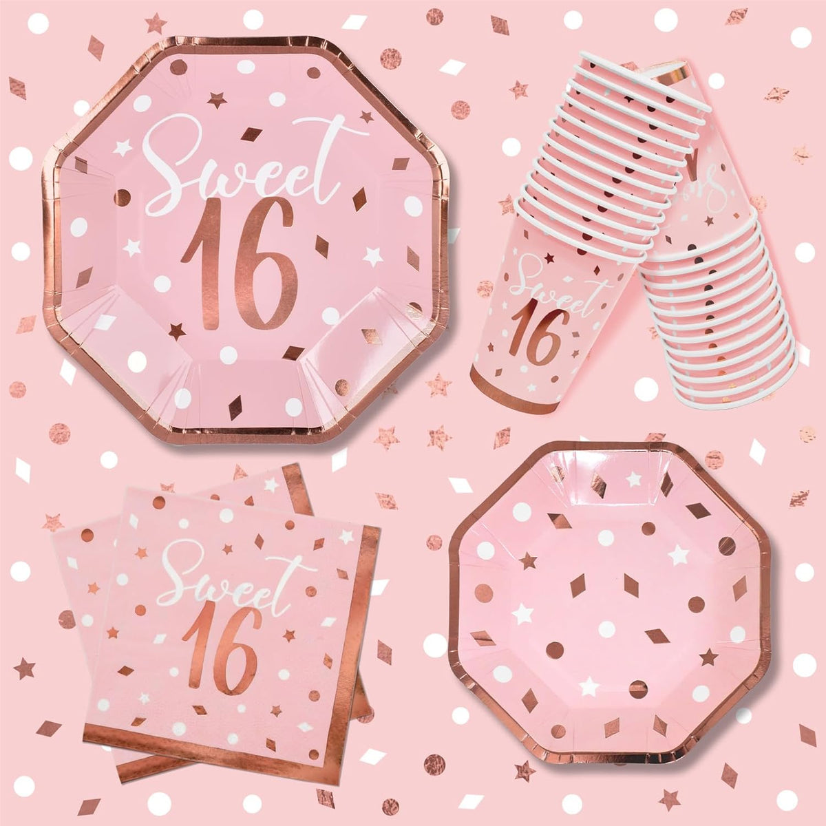 Rose Gold & Pink Sweet 16 Birthday Bundle: Party Supplies Set with paper Plates, Napkins, Cups, Tablecloth & Banner - Sweet Sixteen Decorations, Party Favors ，Serves 25
