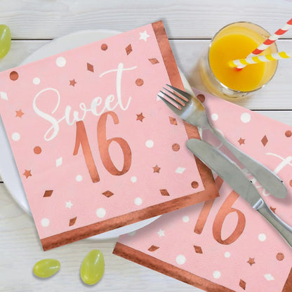 Rose Gold & Pink Sweet 16 Birthday Bundle: Party Supplies Set with paper Plates, Napkins, Cups, Tablecloth & Banner - Sweet Sixteen Decorations, Party Favors ，Serves 25