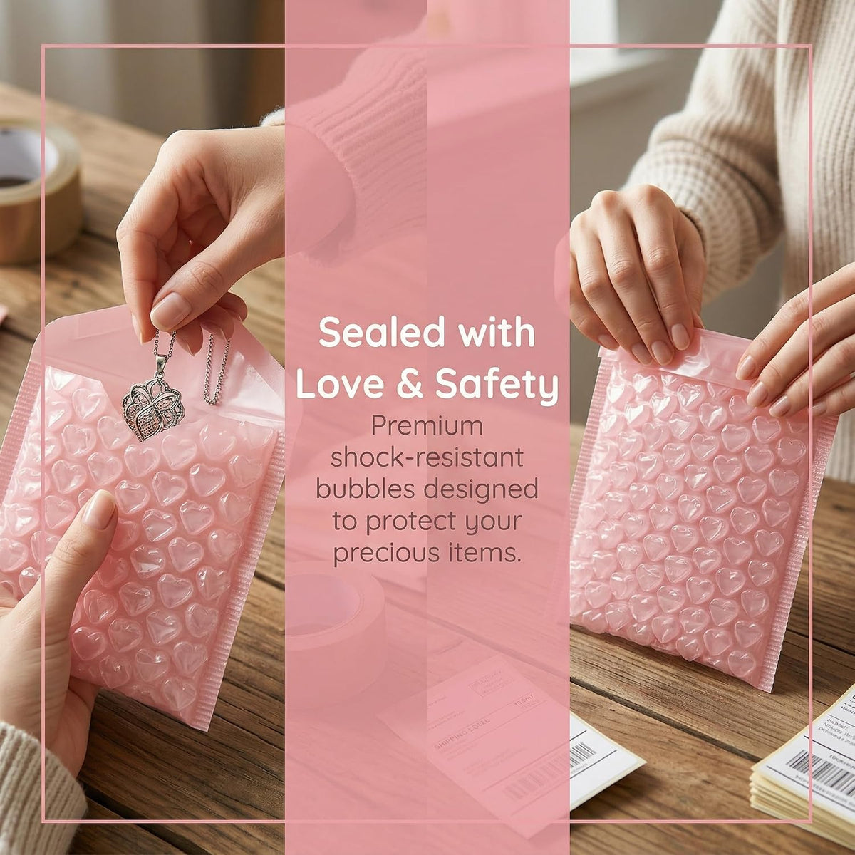 100x Love Bubble Bags Cushioning Packaging Bags Anti Static Thickening Foam Packing Bags Bubble Pouches for Shipping Storage, Pink, S