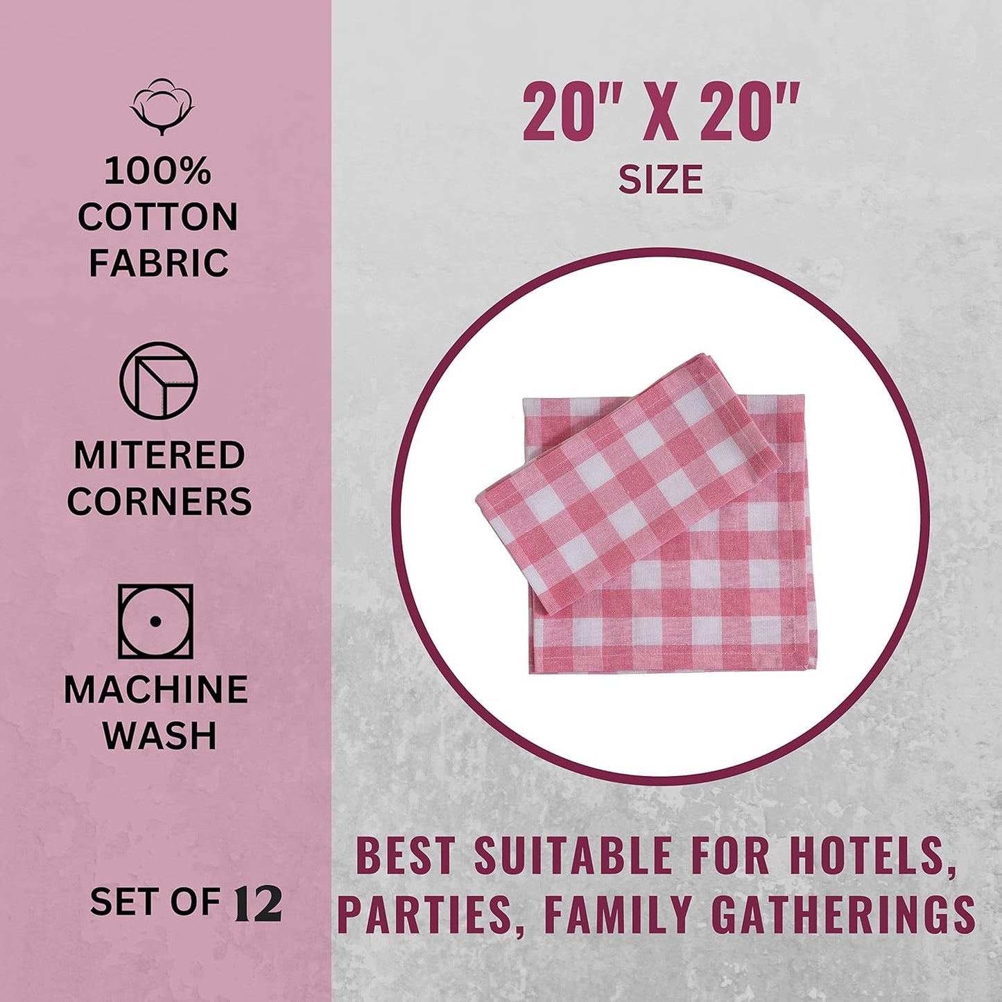 FINGERCRAFT Cloth Napkins, Everyday Use, Premium Quality, Cotton Buffalo Plaid, Set of 12, 20X20 Inch Oversized Napkins Cloth Mitered Corners, Soft, Durable Hotel Quality Pink White Checkered