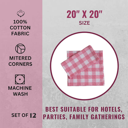 FINGERCRAFT Cloth Napkins, Everyday Use, Premium Quality, Cotton Buffalo Plaid, Set of 12, 20X20 Inch Oversized Napkins Cloth Mitered Corners, Soft, Durable Hotel Quality Pink White Checkered