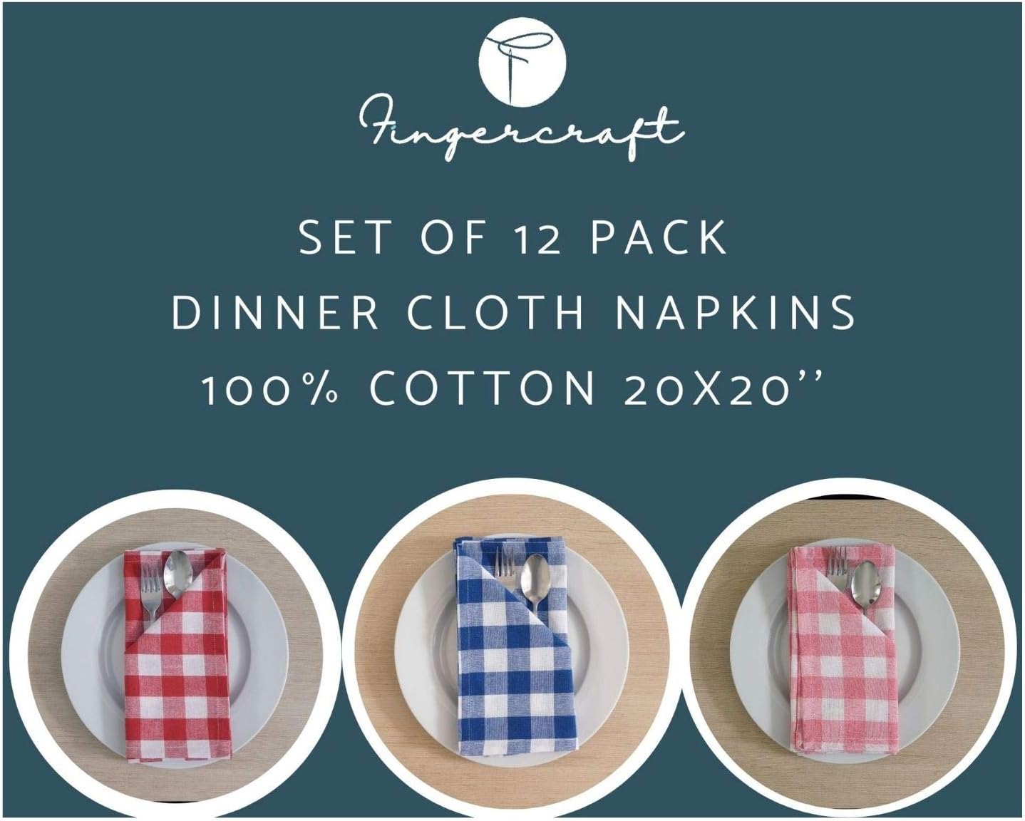 FINGERCRAFT Cloth Napkins, Everyday Use, Premium Quality, Cotton Buffalo Plaid, Set of 12, 20X20 Inch Oversized Napkins Cloth Mitered Corners, Soft, Durable Hotel Quality Pink White Checkered