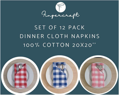FINGERCRAFT Cloth Napkins, Everyday Use, Premium Quality, Cotton Buffalo Plaid, Set of 12, 20X20 Inch Oversized Napkins Cloth Mitered Corners, Soft, Durable Hotel Quality Pink White Checkered