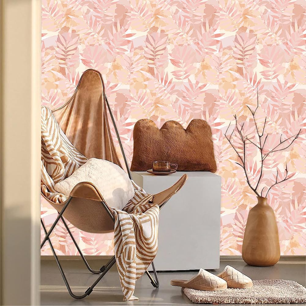 Boho Pink Tropical Plants Leaf Peel and Stick Wallpaper Easy Peel Off Stick on Adhesive Waterproof Wall Paper for Renter