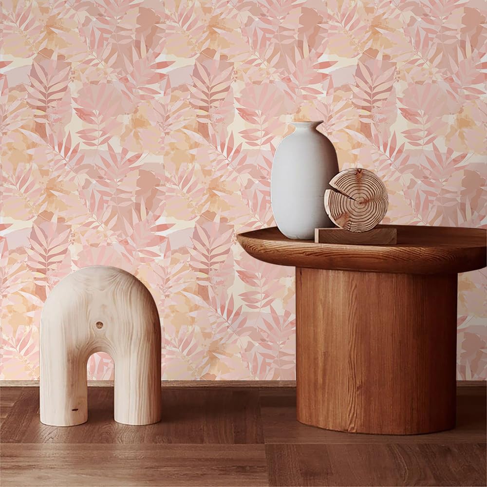 Boho Pink Tropical Plants Leaf Peel and Stick Wallpaper Easy Peel Off Stick on Adhesive Waterproof Wall Paper for Renter