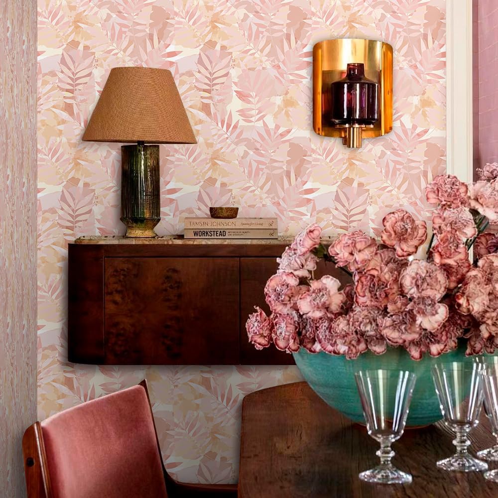Boho Pink Tropical Plants Leaf Peel and Stick Wallpaper Easy Peel Off Stick on Adhesive Waterproof Wall Paper for Renter