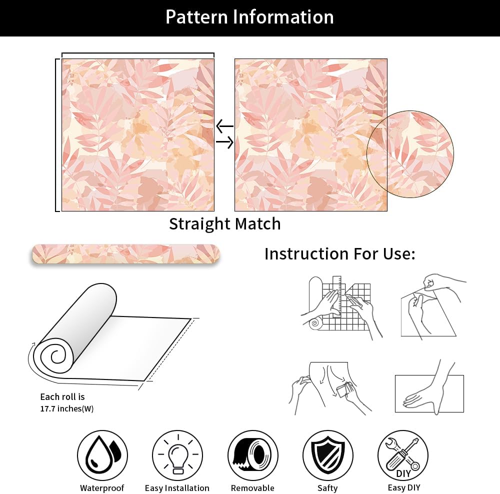 Boho Pink Tropical Plants Leaf Peel and Stick Wallpaper Easy Peel Off Stick on Adhesive Waterproof Wall Paper for Renter
