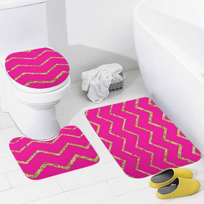 3 Pieces Bath Rug Set, Chevron Zig Zag Pink Gold Glitter Pattern Bathroom Mat Set Non Slip & Absorbent Bath Carpet, U Shaped Contour Rug & Toilet Lid Cover