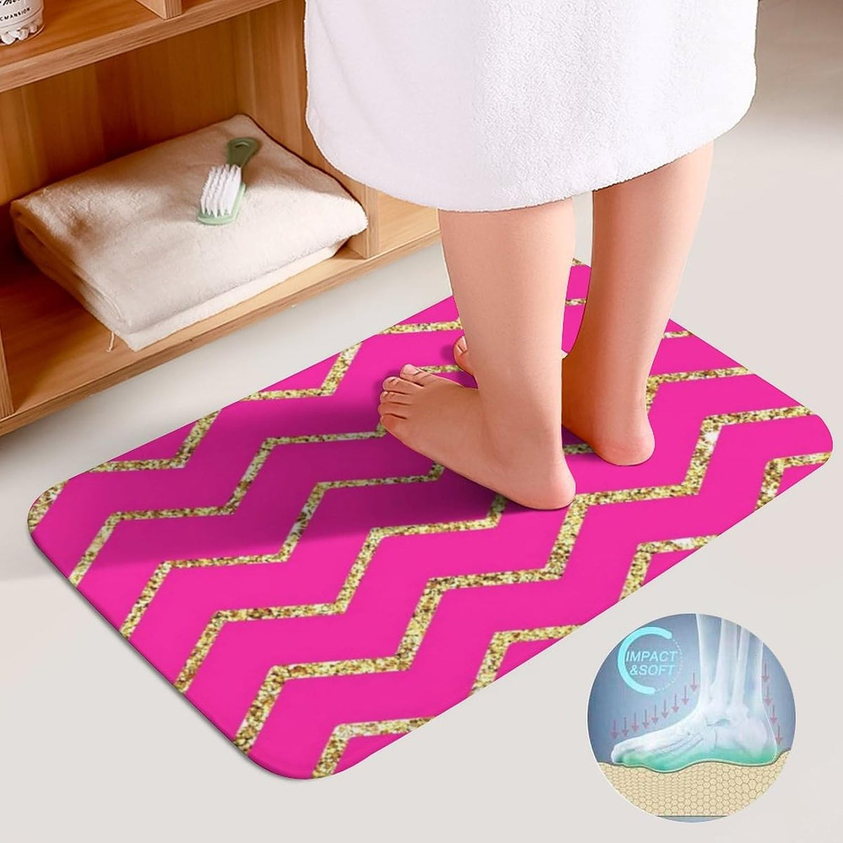 3 Pieces Bath Rug Set, Chevron Zig Zag Pink Gold Glitter Pattern Bathroom Mat Set Non Slip & Absorbent Bath Carpet, U Shaped Contour Rug & Toilet Lid Cover